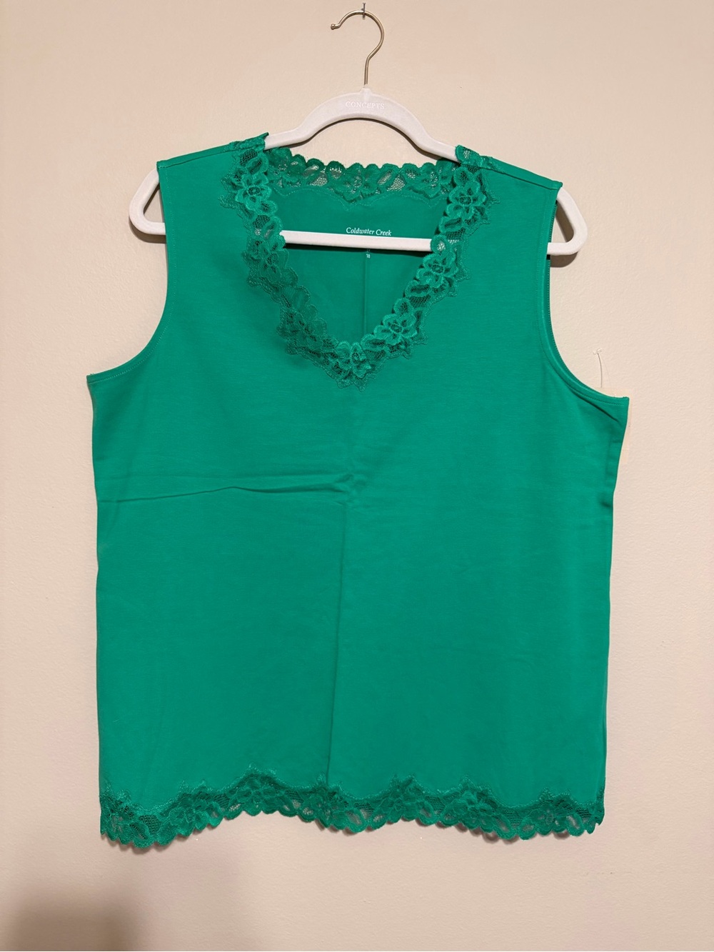 NWT Coldwater Creek Double Lace Tank 1X 18 Very Very Green Cotton Stretch Top